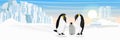 A family of realistic imperial penguins with a chick. The glacier and the snow-covered plain. Landscape